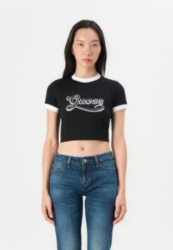 Guess SS GLOSSY CROP - Print T-shirt - Jet Black