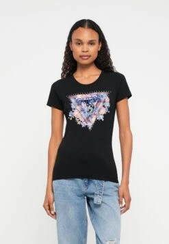 Guess PEONY TRIANGLE TEE - Print T-shirt - Jet Black