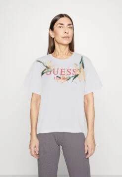Guess Ss Cn Logo Flowers- Print T-Shirt - Pure White