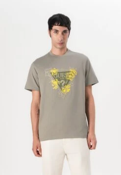 Guess FLOWER TRIANGLE TEE - Print T-shirt - Mossy Green