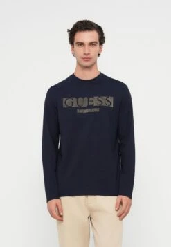 Guess LOGO FLOCK TEE - Long Sleeved Top - Smart Blue