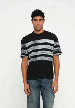 Guess FADED STRIPES TEE - Print T-shirt - Jet Black