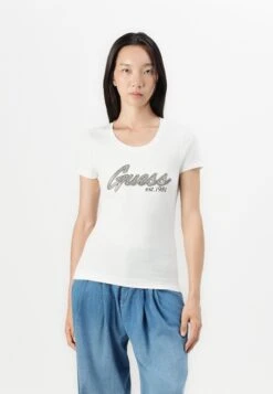 Guess LOGO HOT FIX TEE - Print T-shirt - Pure White